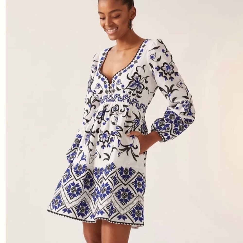 Anthropologie Blue and White Patterned Long Sleeve Dress